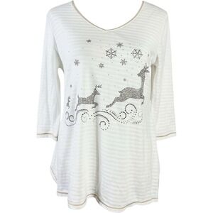 Holiday Traditions Women White Reindeer Snowflake Rhinestone 3/4 Sleeve Top Sz S